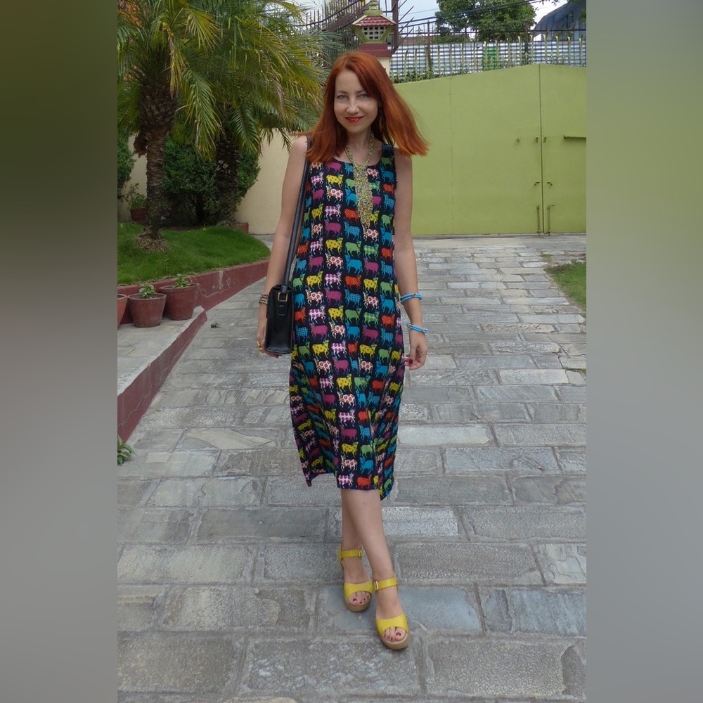 Colorful Animal Print Midi Dress W for Woman Sleeveless Boho Viscose Size 10